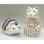 Two Royal Crown Derby paperweights, hedgehog and hamster with gold stopper