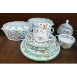 Minton Haddon Hall china; three cups, saucers and side plates, two tea plates, sugar bowl and two