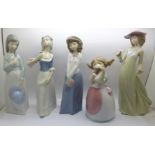 Four Nao by Lladro figurines and a Tengra figurine of a young lady holding a rose, 'Gentle