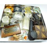 Trinket pots, pipes, a whist marker, pin cushion doll figures, etc.