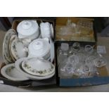 Seven glass decanters, other crystal and glass, Royal Doulton Larchmont dinnerwares, etc., two boxes