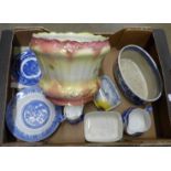 A box of china, jardiniere, willow pattern blue and **PLEASE NOTE THIS LOT IS NOT ELIGIBLE FOR