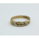 A 9ct gold and diamond ring, 2.4g, P