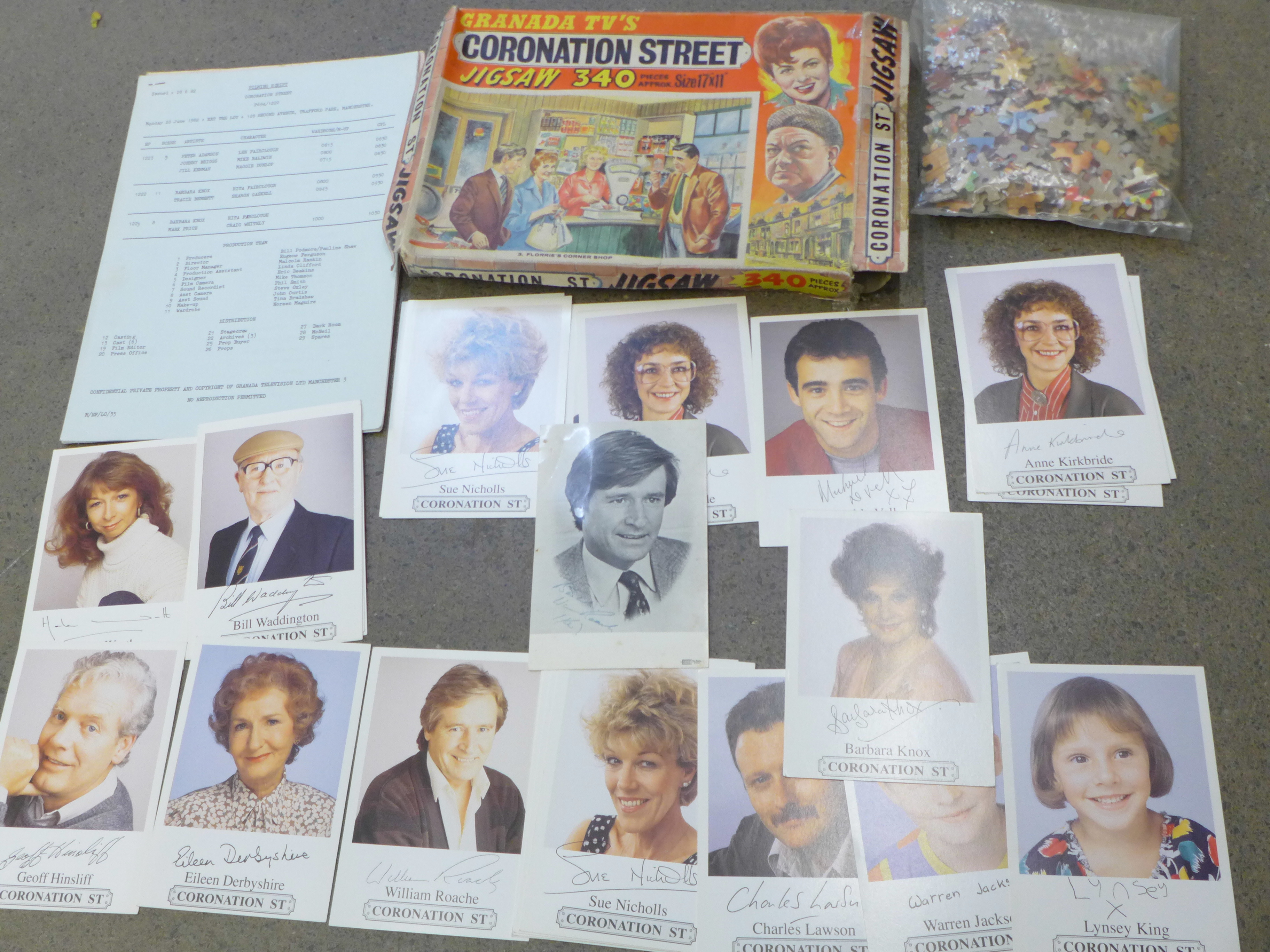 Coronation Street original scripts, 1980's, promotional cards and a vintage jigsaw puzzle