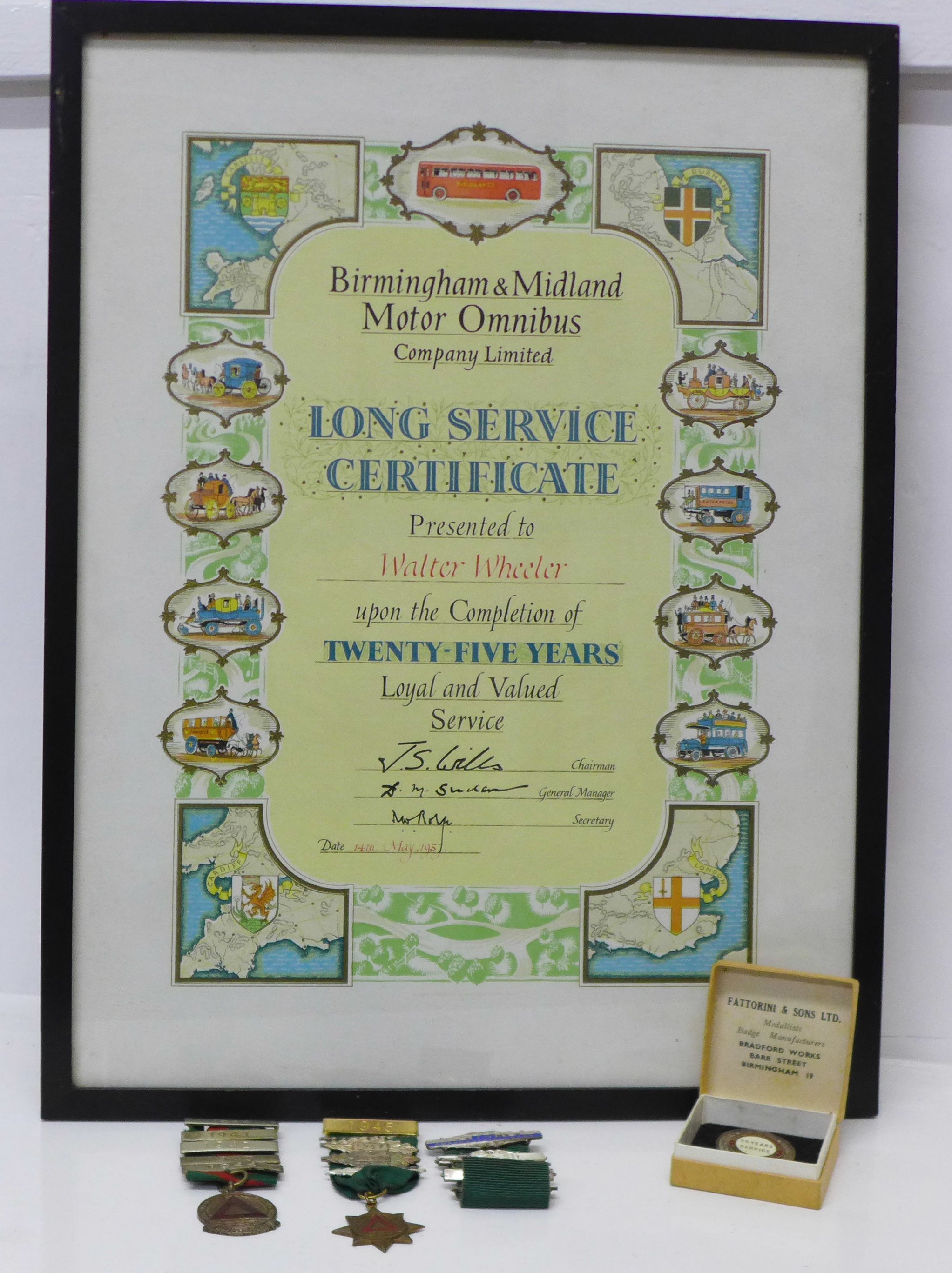 Bus memorabilia; a framed Long Service certificate and two Safe Driving medallions and badge