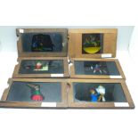 Six Victorian magic lantern slip-slides, hand painted and transfer printed