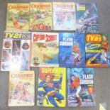 Four 1950's The Champion annuals, TV21, Captain Scarlet and Flash Gordon