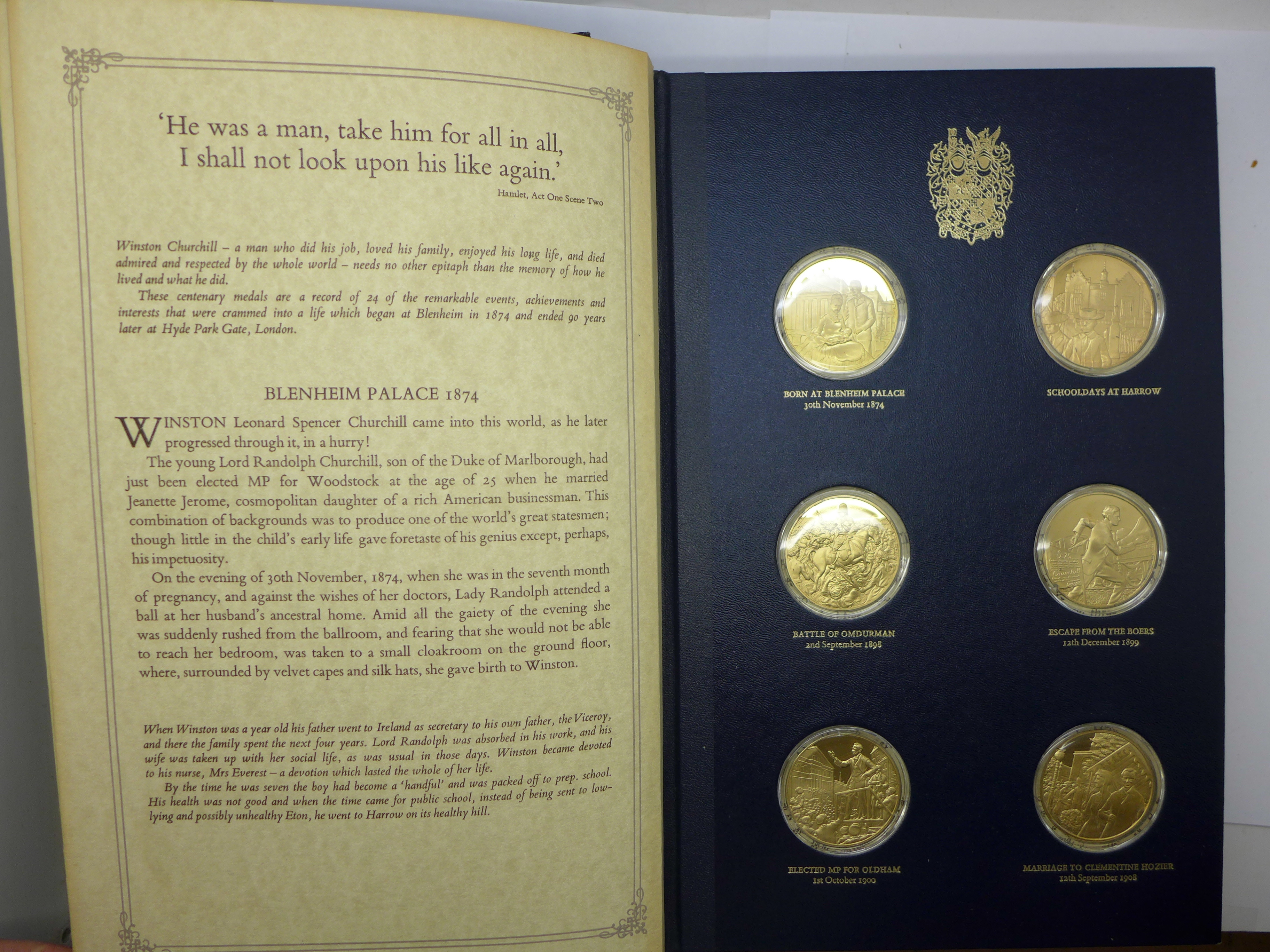 A folder of The Churchill Centenary Medals, minted by John Pinches Medallists Ltd., twenty-four