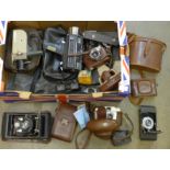 Two cine cameras, Bell & Howell and Chinon, two cameras, Halina, Agfa and three folding cameras with