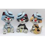 Lorna Bailey, 'The Three Pussketeers' collection:- 'Purrthos', 'Pawthos' and 'Armmeow', all height