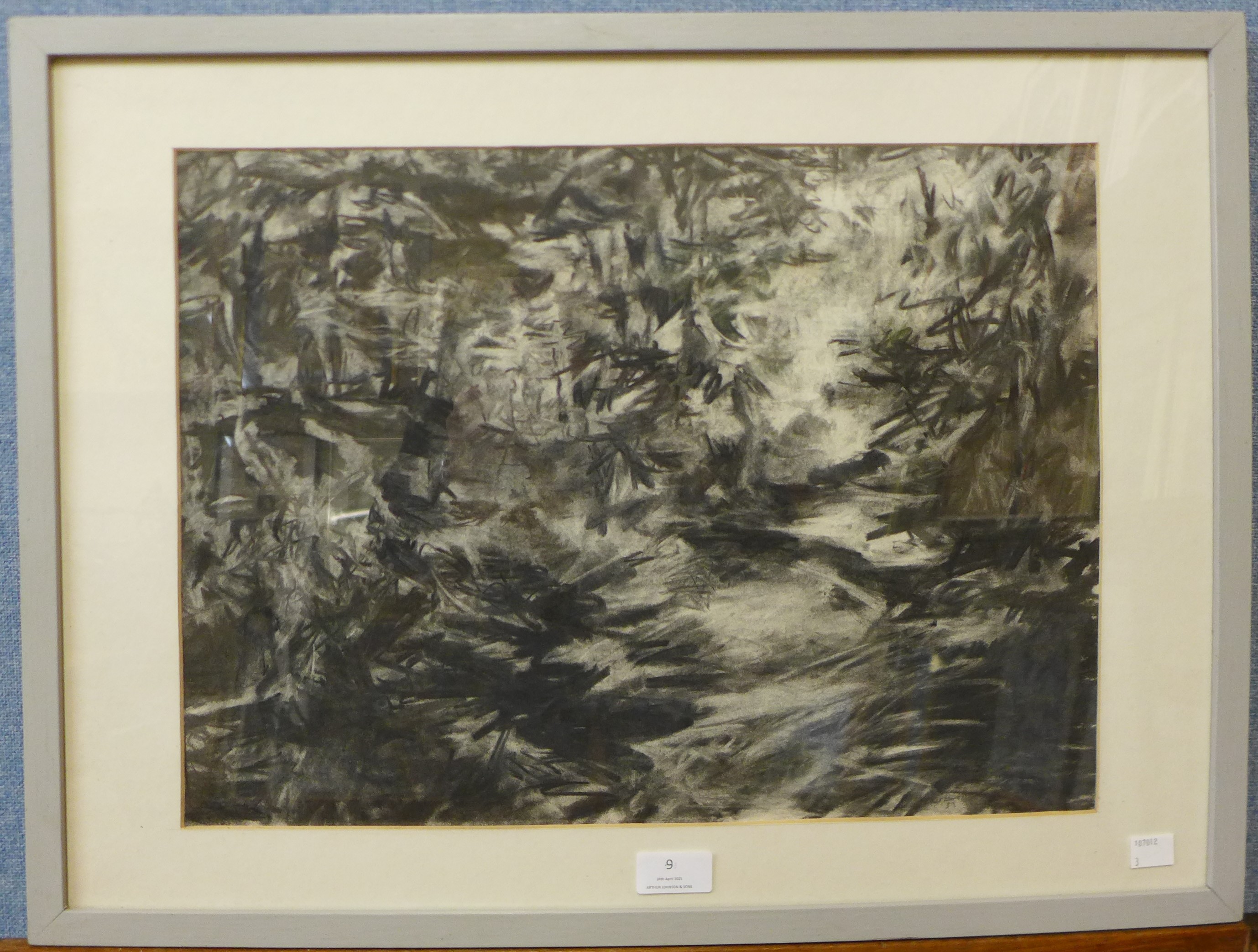 Ian Kirkwood, A Clearing, abstract, charcoal, 34 x 47cms, framed - Image 2 of 2