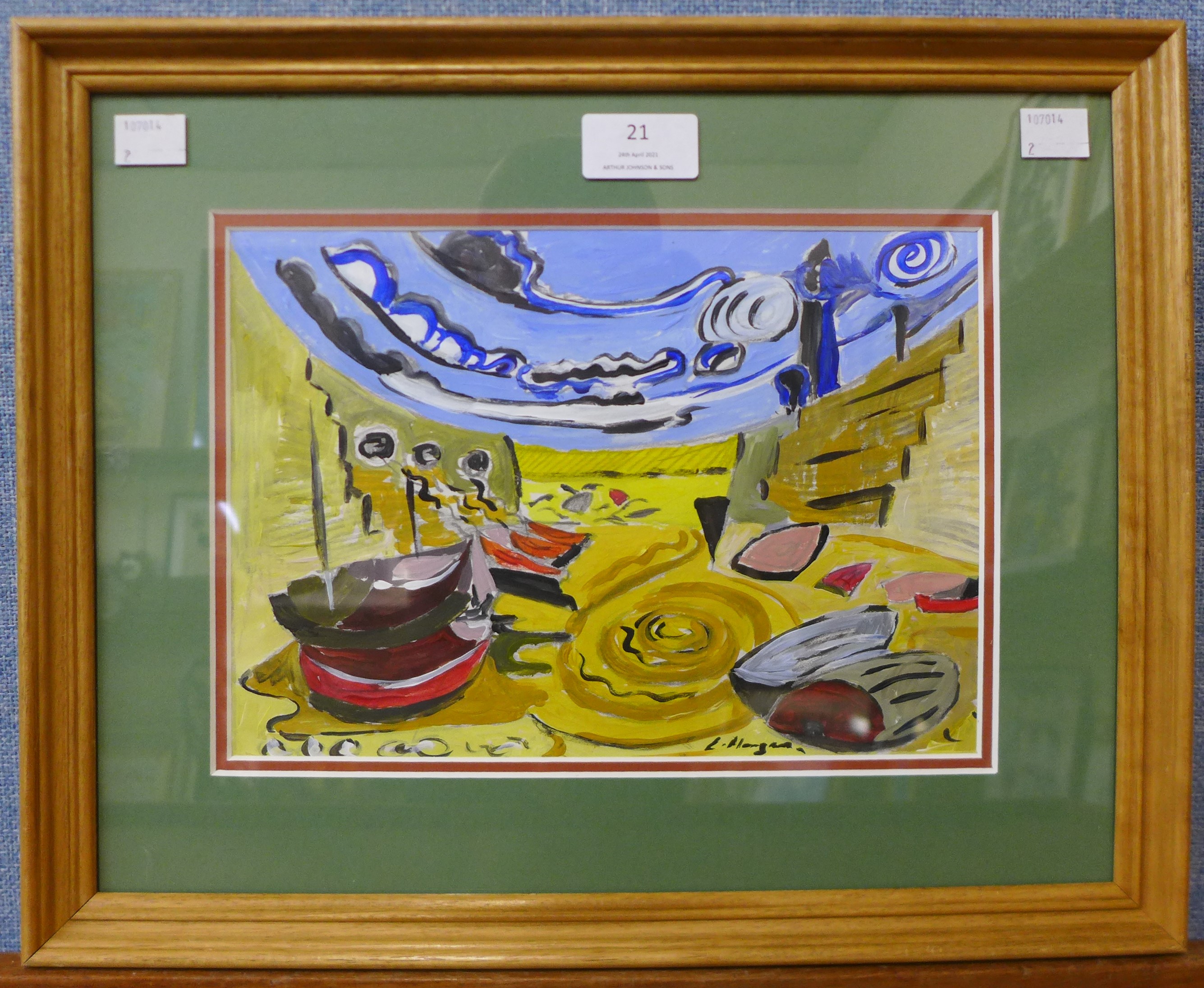 Edward Morgan, abstract beach scene, gouache, framed - Image 2 of 2