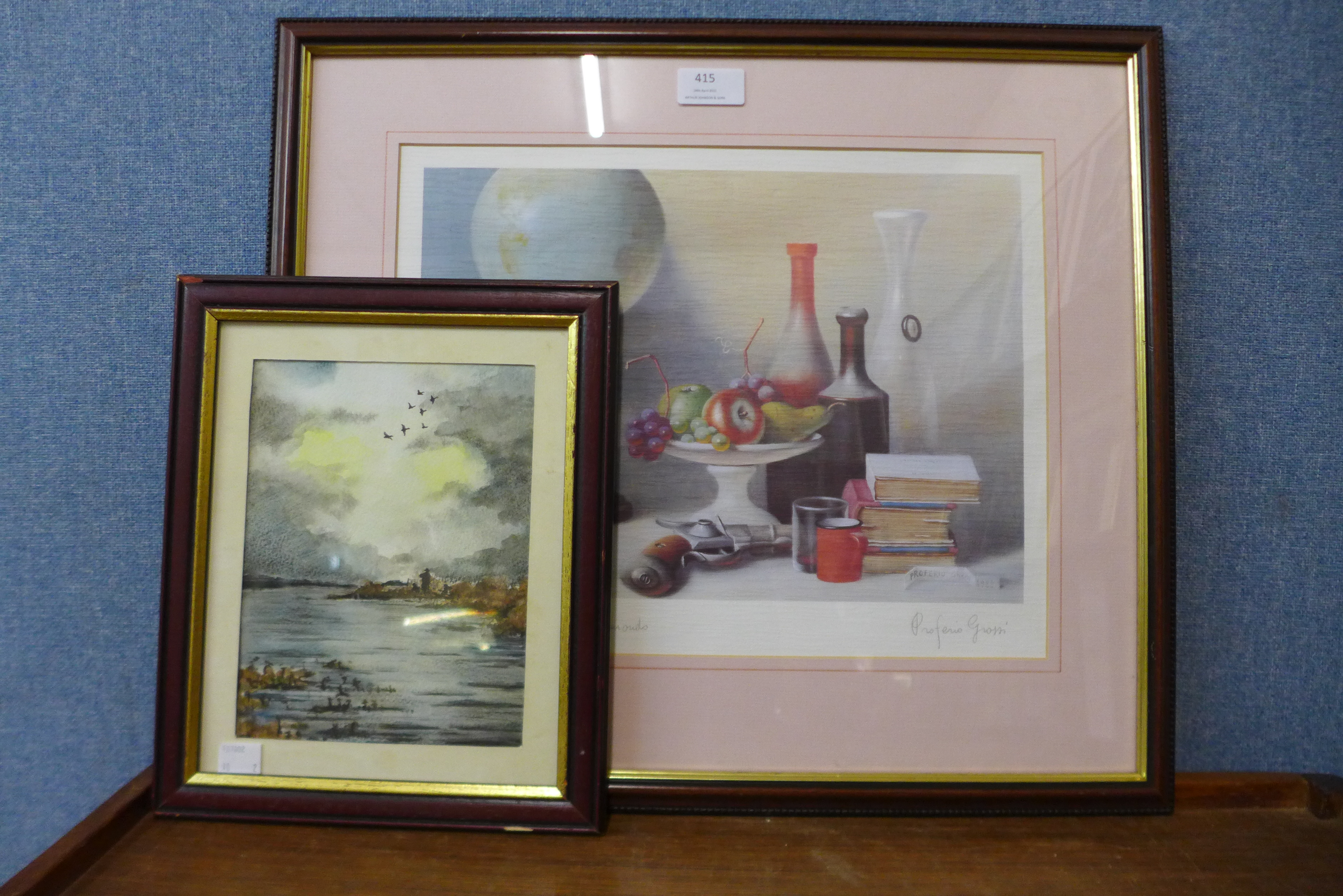A Proferio Gross print and a small coastal scene watercolour, framed