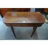 A George III inlaid mahogany D-shaped fold over tea table