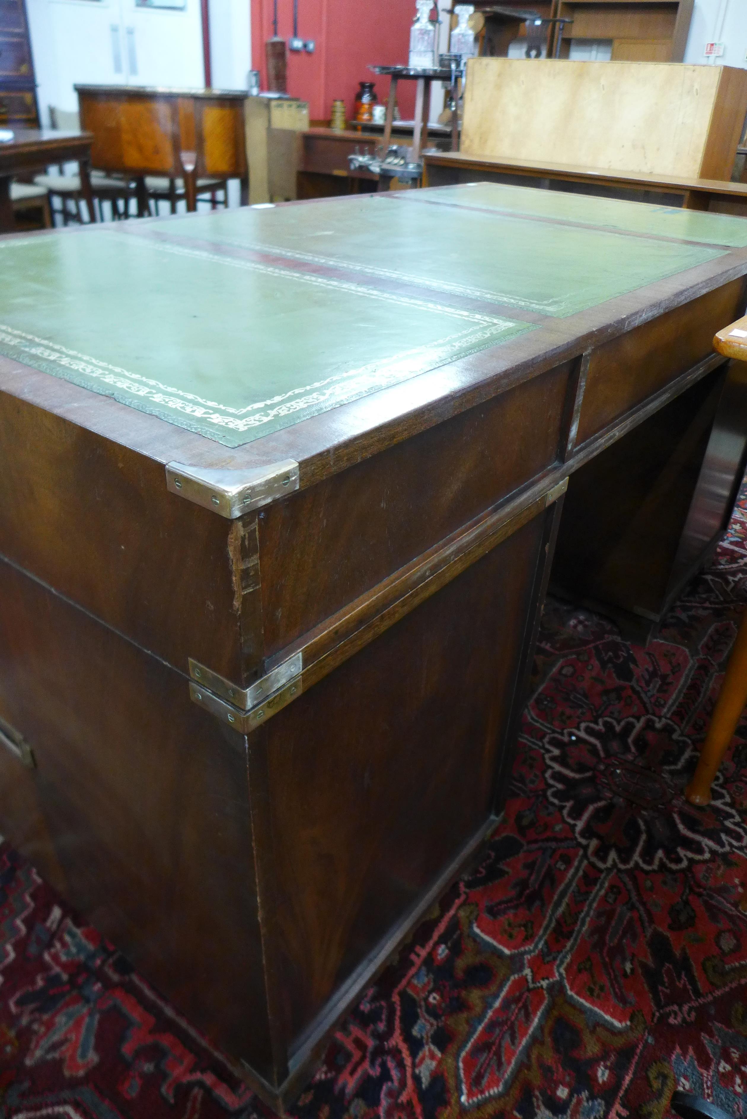 A campaign style mahogany, brass mounted and green leather topped desk - Image 5 of 5