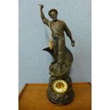 A large 19th Century spelter figural mantel clock, titled Cod Fishing, 75cms h