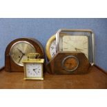 A collection of clocks, barometers and a cased thermometer