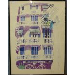 A. D. Glass lithograph, French houses, framed