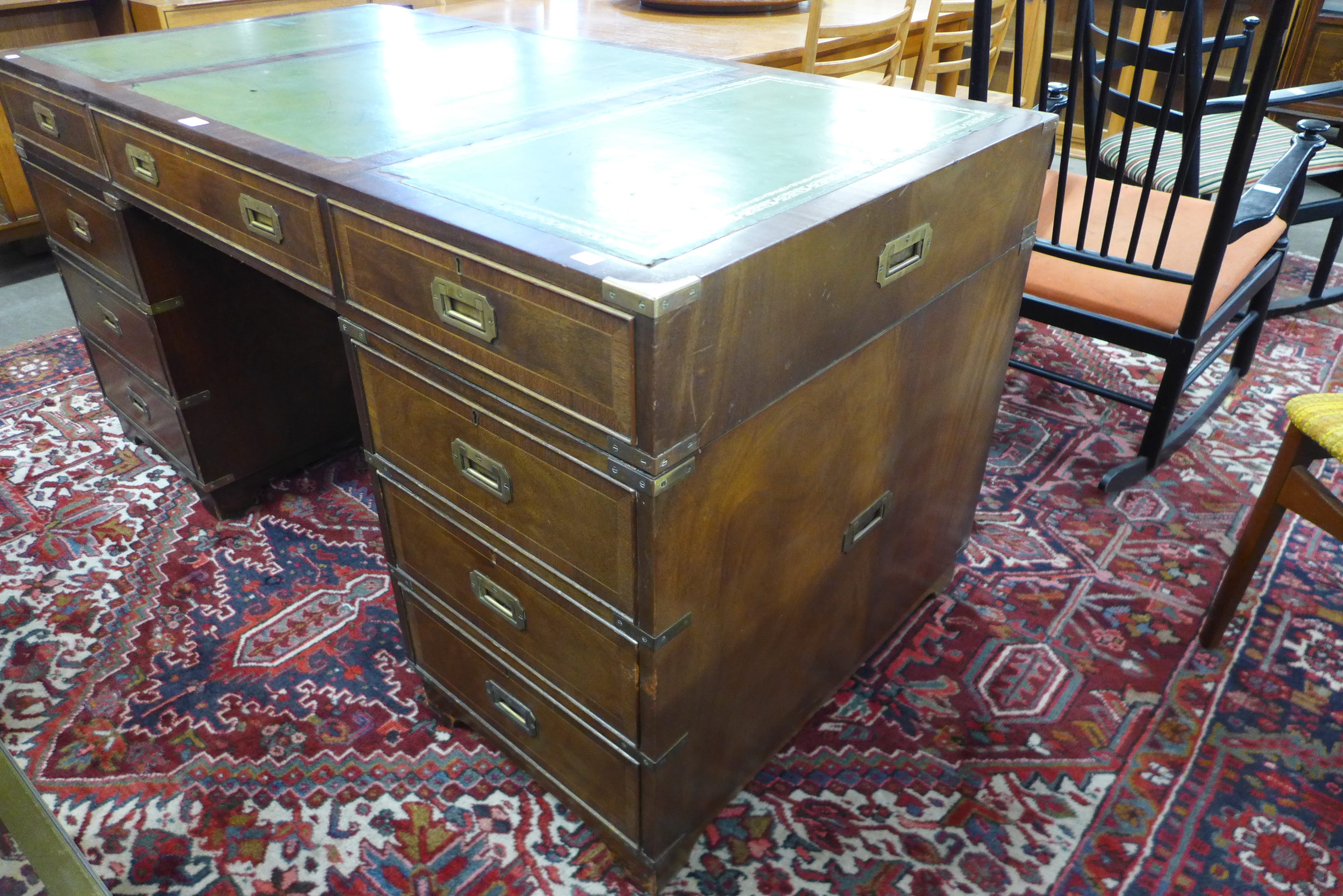 A campaign style mahogany, brass mounted and green leather topped desk - Image 3 of 5