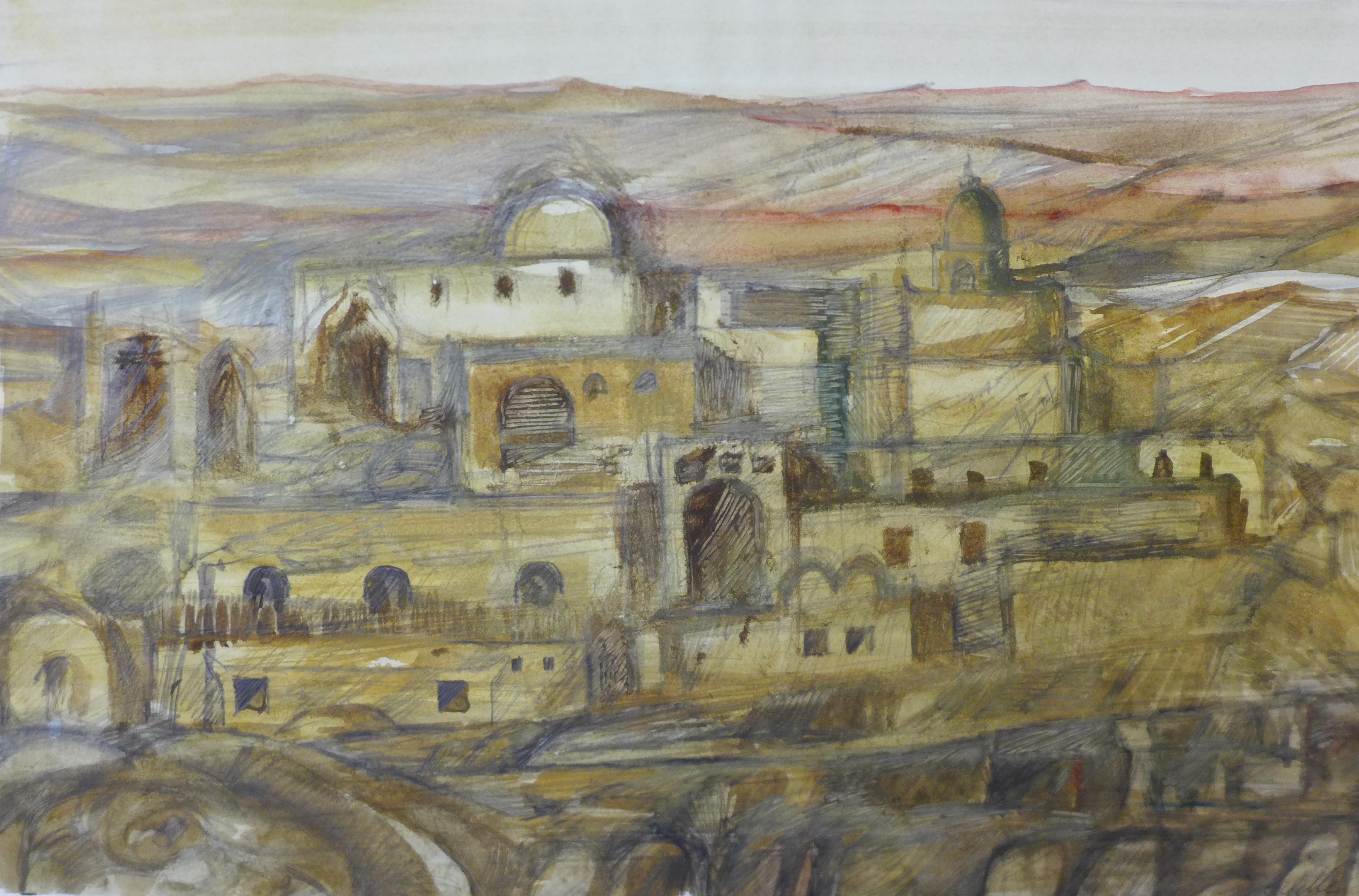 Pamela Guille, two Arabic landscapes, watercolour, unframed