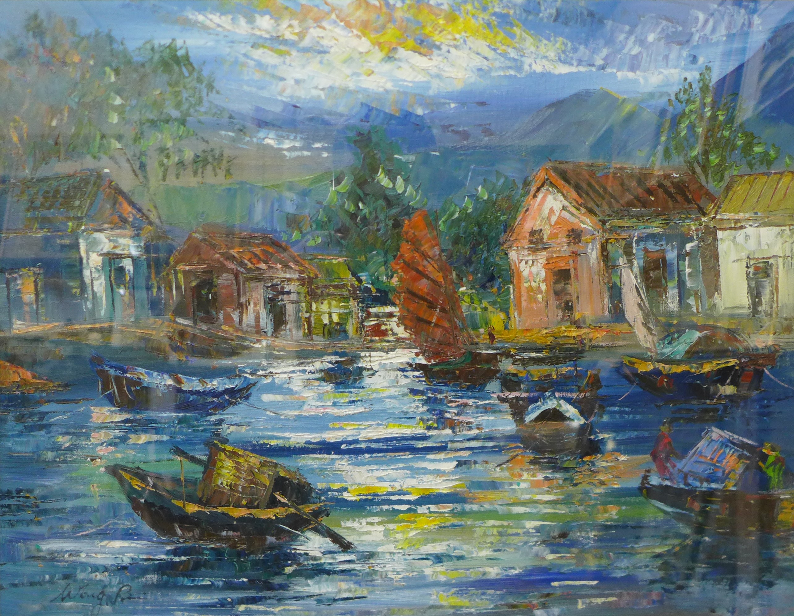 Wong Pim, river landscape with junks, acrylic on canvas, 38 x 49cms, framed