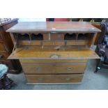 A 19th Century Anglo-Indian teak military campaign secretaire chest, 105cms h, 112cms w, 45cms d