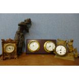 A Hanson clock/barometer, two cast metal clocks and a spelter figure of a maiden, a/f