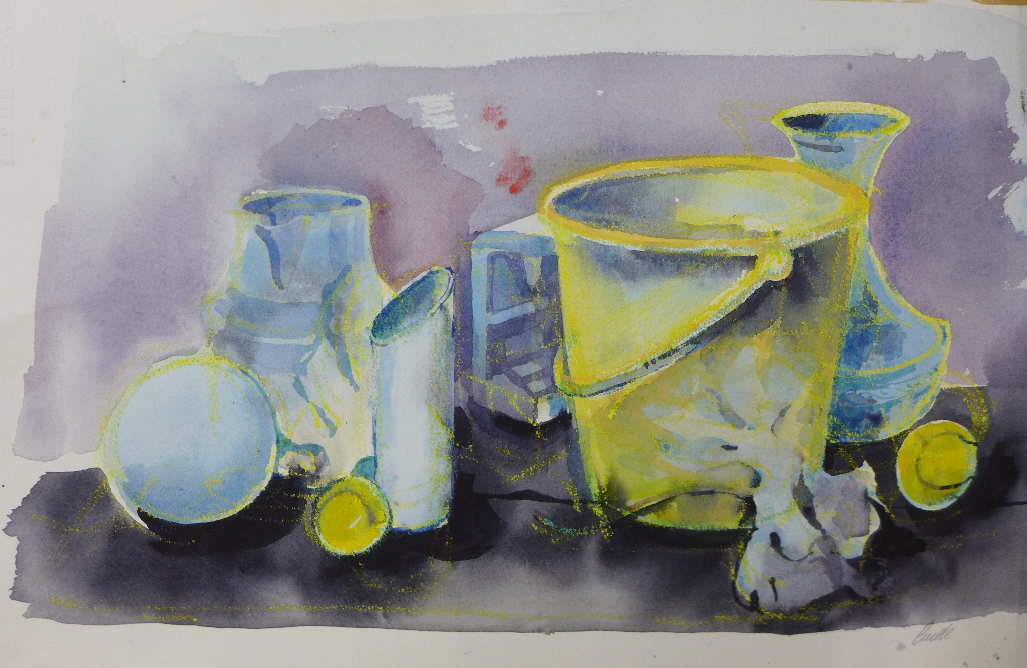 Pamela Guille, two still lifes, watercolour, unframed