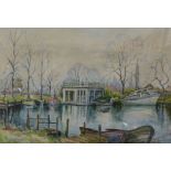 F.H. Webster, boat house landscape, watercolour, 35 x 51cms, framed