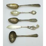 Four silver spoons and a white metal knife, total weight, 105g