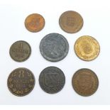 Five Guernsey coins and three other coins