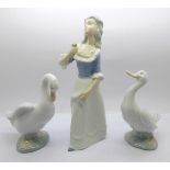 Two Nao by Lladro geese figures and a Spanish figure of a woman
