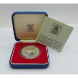 A 1977 silver proof crown, boxed with certificate