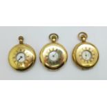 Three gold plated half-hunter pocket watches, including one Waltham Traveler, a/f, one other lacking