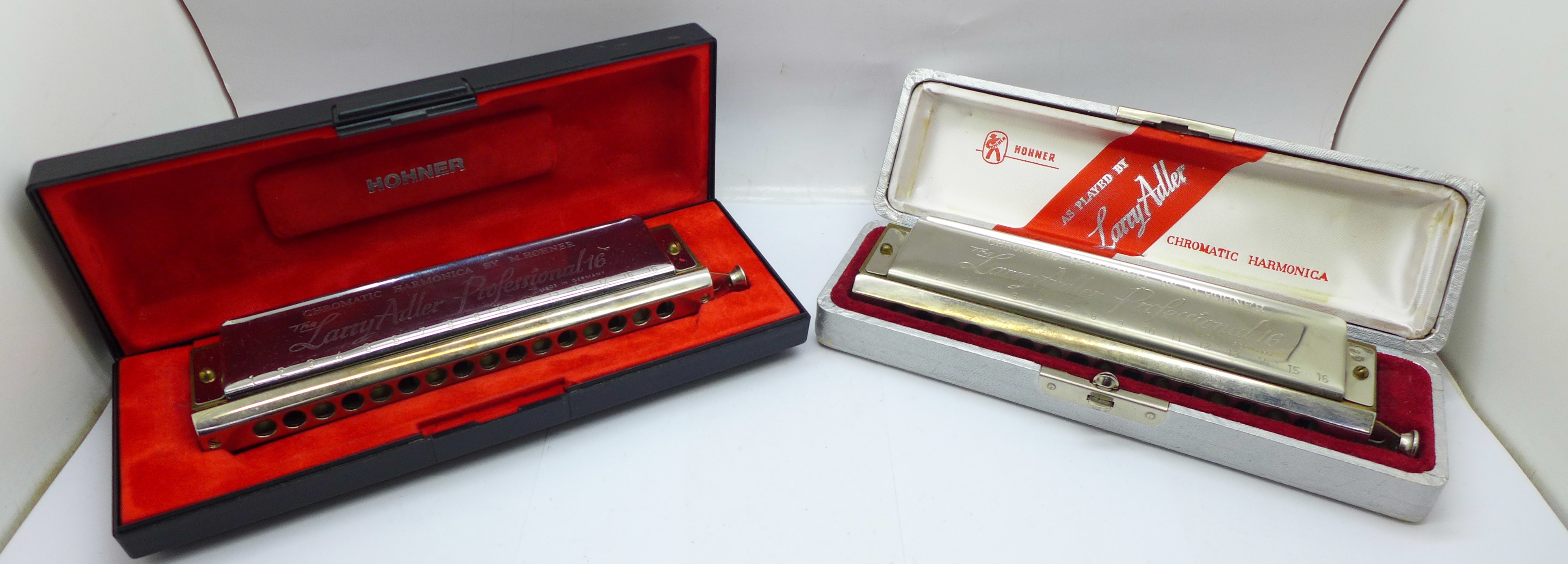 Two Hohner The Larry Adler Professional 16 chromatic harmonicas, boxed