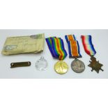 A trio of WWI medals with original ribbons, packets and envelope to 872 Pte. A. Robertson Royal Army