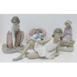 Four Nao by Lladro figures, ?Reclined Ballet? (ref 02000150) boxed, ?Sailing Time? (ref
