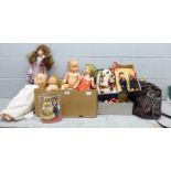 A quantity of mid 20th Century dolls and a leather handbag **PLEASE NOTE THIS LOT IS NOT ELIGIBLE
