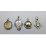 Four silver fobs, 41g, enamel a/f