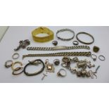 Silver jewellery comprising a charm bracelet, an ID bracelet, two bangles, one a/f, rope chain, nine