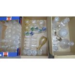 Three boxes of mixed glass, including five decanters, claret jug, whisky, wines and brandy