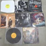 Eight LP records, Black Sabbath, Meat Loaf, Son of Schmilson, Tubeway Army, The Specials, etc.,