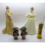 Novelty owl salt and pepper pots, a/f, a Royal Doulton figure, Kathleen, a Coalport figure and a