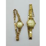 Two lady's 9ct gold cased wristwatches on 9ct gold bracelet straps, total weight without movements