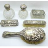 Six silver dressing table items including two silver topped globular scent bottles (loose tops)