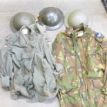 Two British and one Belgian helmet and three Army shirts and jackets