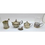 Two silver mustard pots, one Birmingham 1899, a plated pepper mill and a silver glass holder with