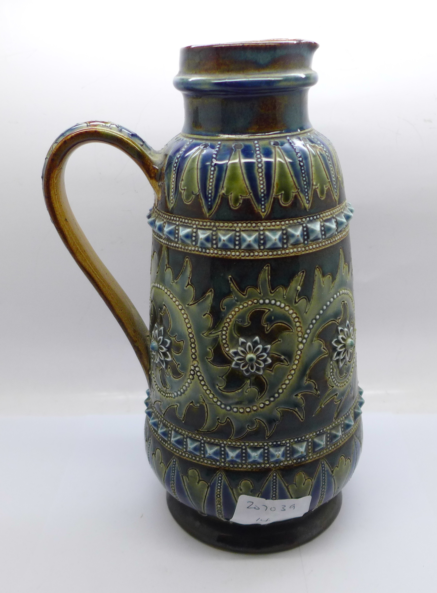 A Doulton Lambeth stoneware jug, 1877 mark, chip to rim and base, 24.5cm - Image 2 of 6