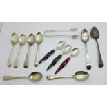 A set of six hallmarked silver spoons, two others, one a/f, and a pair of silver sugar bows, and