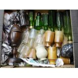A collection of glass bottles and stoneware bottles, etc.